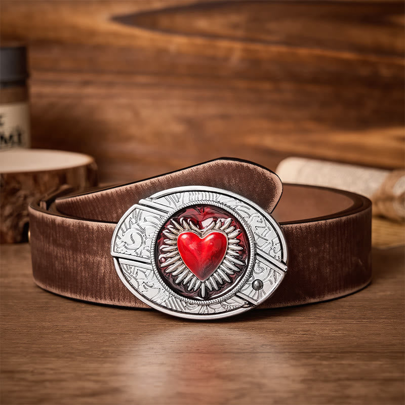Flaming Sacred Heart DIY Hidden Folding Knife Buckle Leather Belt - Flaming Heart - Brown Distressed Belt - 42 - image 5