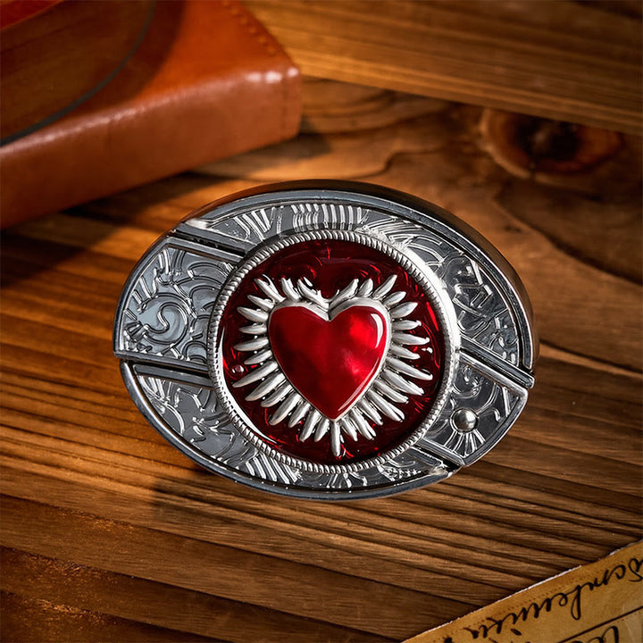 Flaming Sacred Heart DIY Hidden Folding Knife Buckle Leather Belt - Flaming Heart - Without Belt - Not Included Belt - image 0