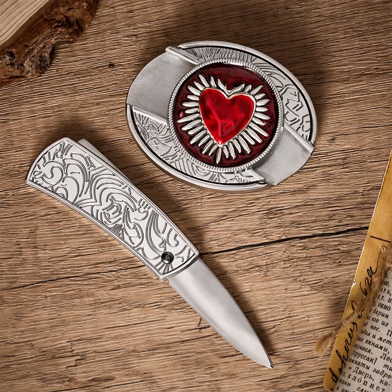 Flaming Sacred Heart DIY Hidden Folding Knife Buckle Leather Belt - image 1