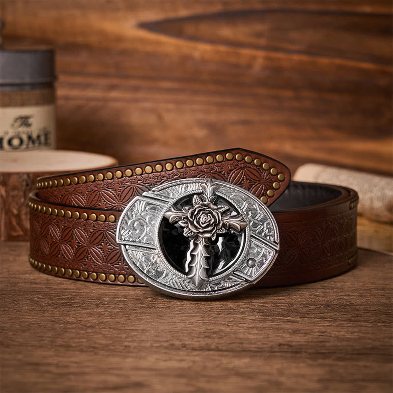 Black Rose Cross DIY Hidden Folding Knife Buckle Leather Belt - Rose Cross - Brown Rivet Belt - 42 - image 4