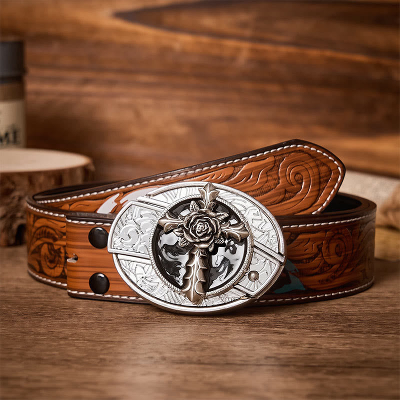Black Rose Cross DIY Hidden Folding Knife Buckle Leather Belt - Rose Cross - Brown Feather Belt - 40 - image 7