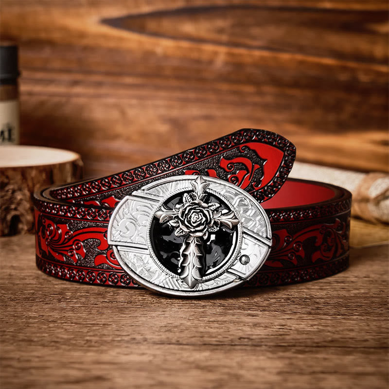Black Rose Cross DIY Hidden Folding Knife Buckle Leather Belt - Rose Cross - Brown Carved Belt - 42 - image 6