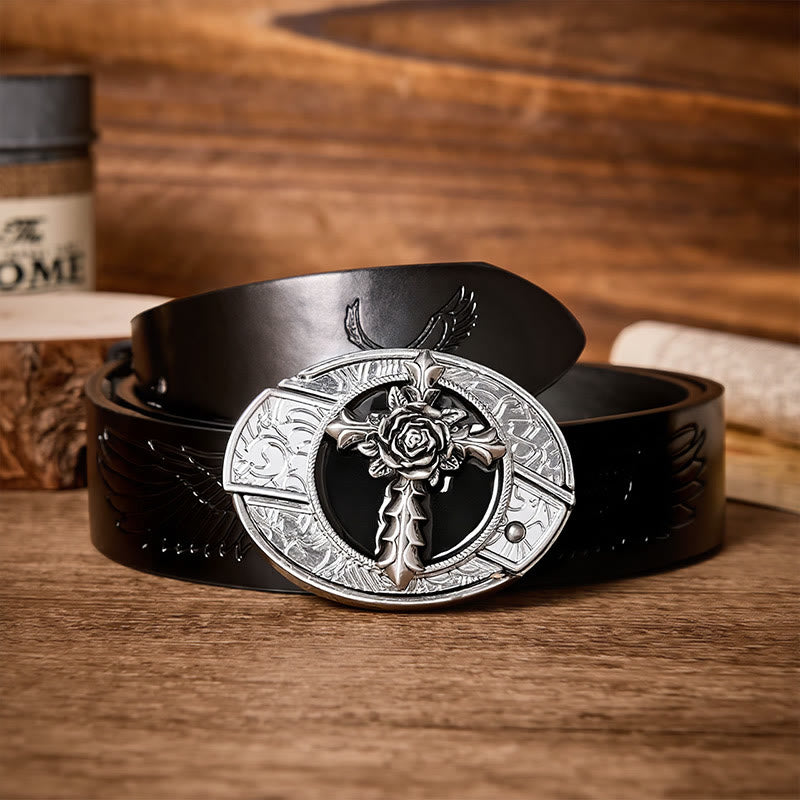 Black Rose Cross DIY Hidden Folding Knife Buckle Leather Belt - Rose Cross - Black Embossed Eagle Belt - 42 - image 2