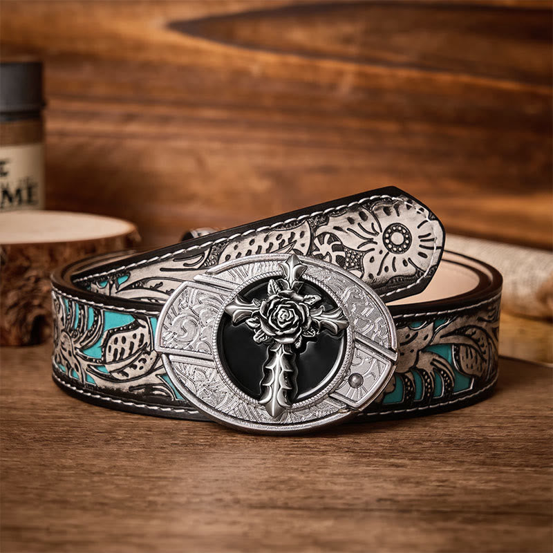 Black Rose Cross DIY Hidden Folding Knife Buckle Leather Belt - Rose Cross - Gray Floral Belt - 42 - image 8
