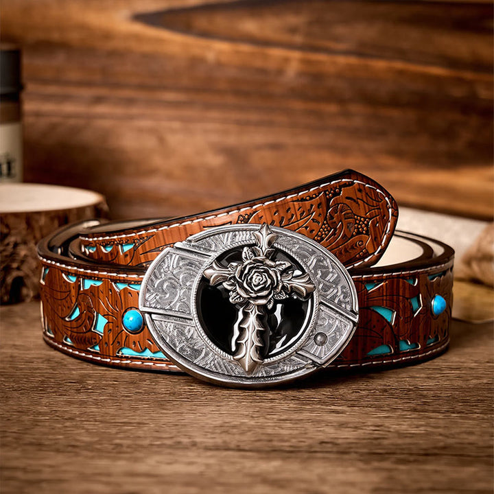 Black Rose Cross DIY Hidden Folding Knife Buckle Leather Belt - Rose Cross - Turquoise Carved Belt - 42 - image 3