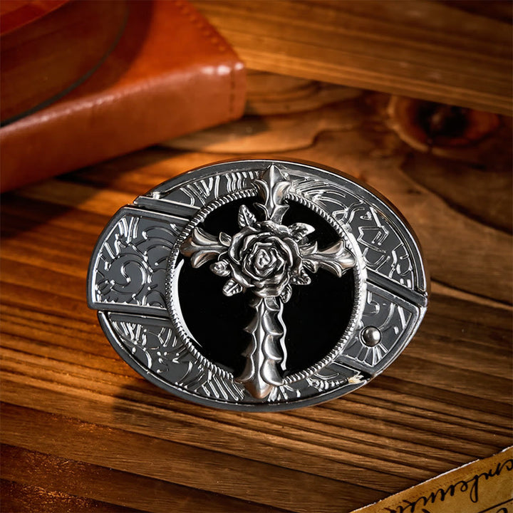 Black Rose Cross DIY Hidden Folding Knife Buckle Leather Belt - Rose Cross - Without Belt - Not Included Belt - image 0