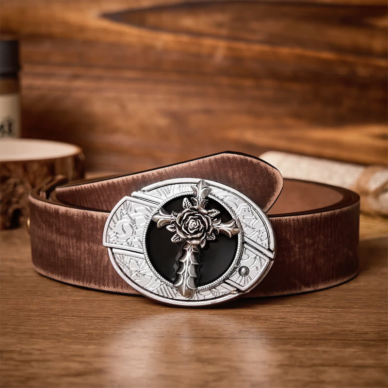 Black Rose Cross DIY Hidden Folding Knife Buckle Leather Belt - Rose Cross - Brown Distressed Belt - 42 - image 5