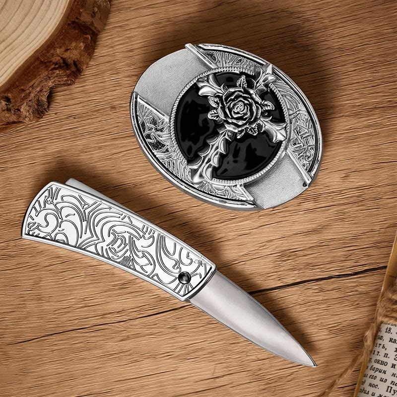 Black Rose Cross DIY Hidden Folding Knife Buckle Leather Belt - image 1