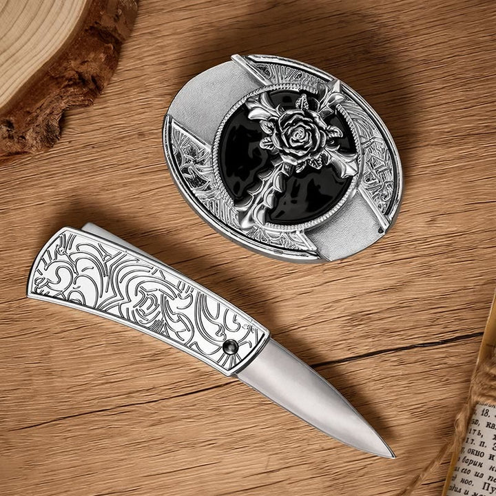 Black Rose Cross DIY Hidden Folding Knife Buckle Leather Belt - image 1