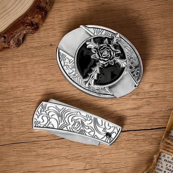 Black Rose Cross DIY Hidden Folding Knife Buckle Leather Belt - image 9