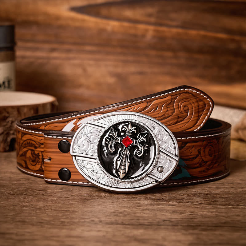 Gothic Victorian Cross DIY Hidden Folding Knife Buckle Leather Belt - Victorian Cross - Brown Feather Belt - 40 - image 7