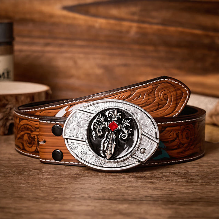 Gothic Victorian Cross DIY Hidden Folding Knife Buckle Leather Belt - Victorian Cross - Brown Feather Belt - 40 - image 7