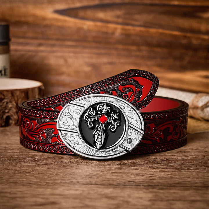 Gothic Victorian Cross DIY Hidden Folding Knife Buckle Leather Belt - Victorian Cross - Brown Carved Belt - 42 - image 6