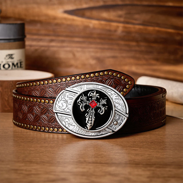Gothic Victorian Cross DIY Hidden Folding Knife Buckle Leather Belt - Victorian Cross - Brown Rivet Belt - 42 - image 4