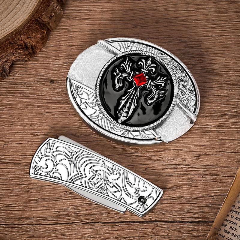 Gothic Victorian Cross DIY Hidden Folding Knife Buckle Leather Belt - image 10