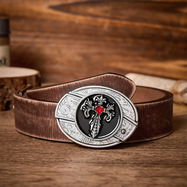 Gothic Victorian Cross DIY Hidden Folding Knife Buckle Leather Belt - Victorian Cross - Brown Distressed Belt - 42 - image 5