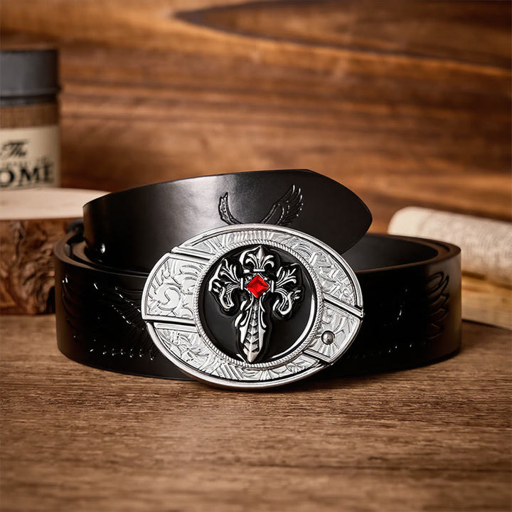 Gothic Victorian Cross DIY Hidden Folding Knife Buckle Leather Belt - Victorian Cross - Black Embossed Eagle Belt - 42 - image 2