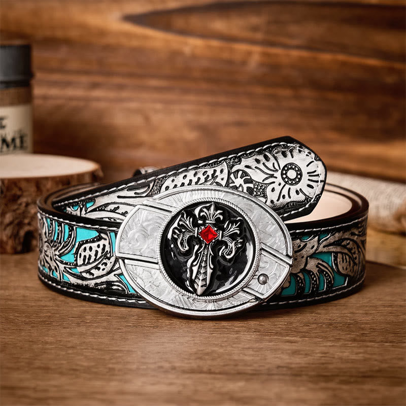 Gothic Victorian Cross DIY Hidden Folding Knife Buckle Leather Belt - Victorian Cross - Gray Floral Belt - 42 - image 8
