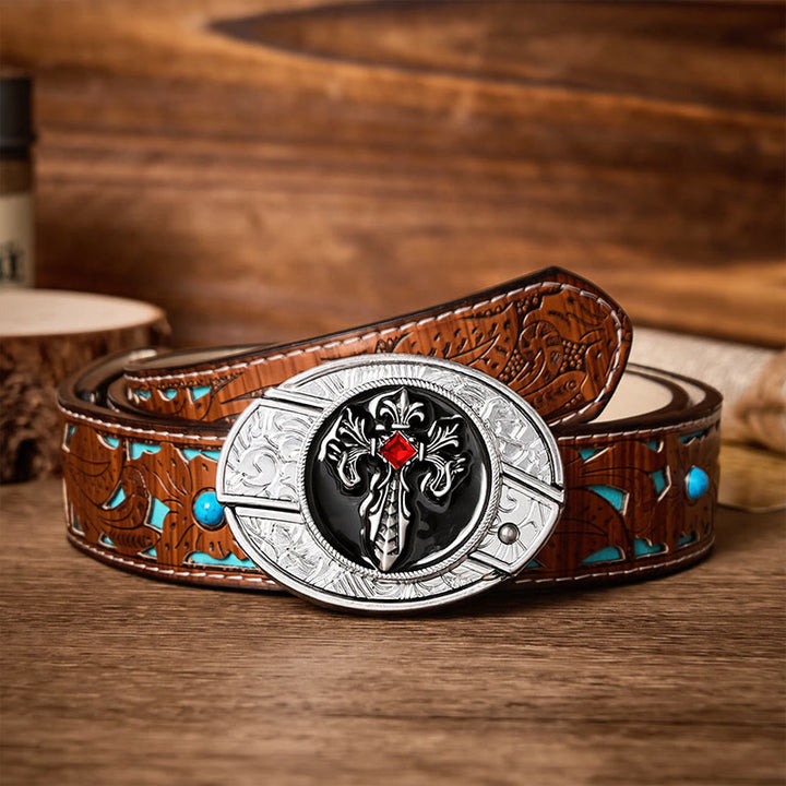 Gothic Victorian Cross DIY Hidden Folding Knife Buckle Leather Belt - Victorian Cross - Turquoise Carved Belt - 42 - image 3