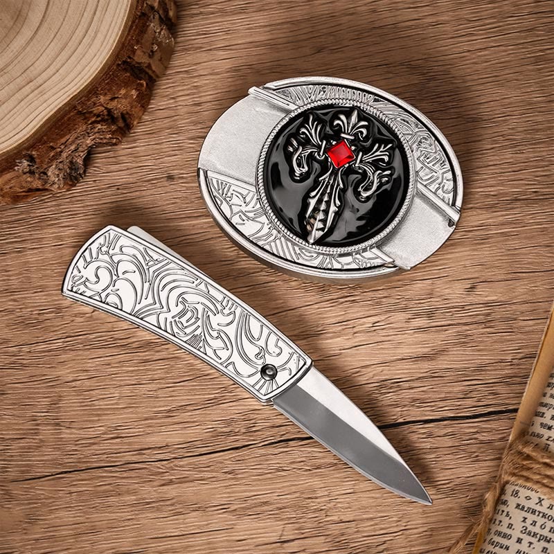 Gothic Victorian Cross DIY Hidden Folding Knife Buckle Leather Belt - image 1
