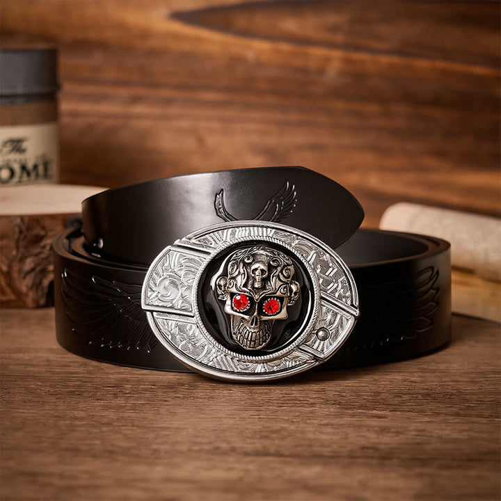 Red-Eyed Demon Skull DIY Hidden Folding Knife Buckle Leather Belt - Red-Eyed Skull - Black Embossed Eagle Belt - 42 - image 2