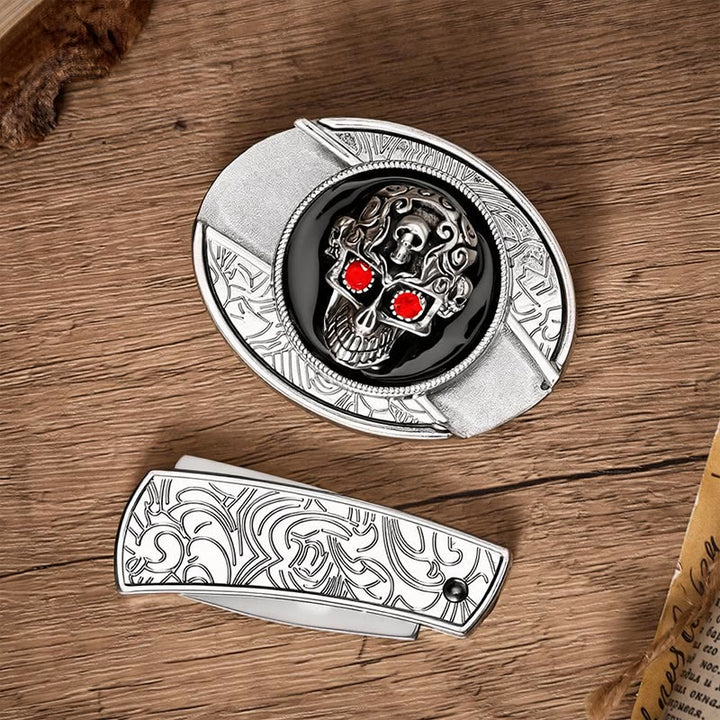 Red-Eyed Demon Skull DIY Hidden Folding Knife Buckle Leather Belt - image 10