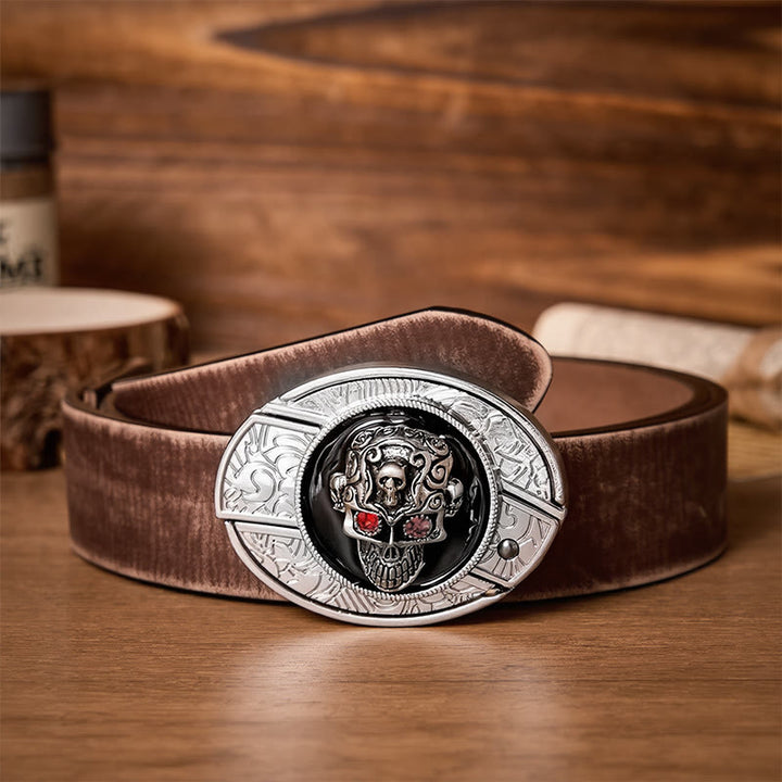 Red-Eyed Demon Skull DIY Hidden Folding Knife Buckle Leather Belt - Red-Eyed Skull - Brown Distressed Belt - 42 - image 5