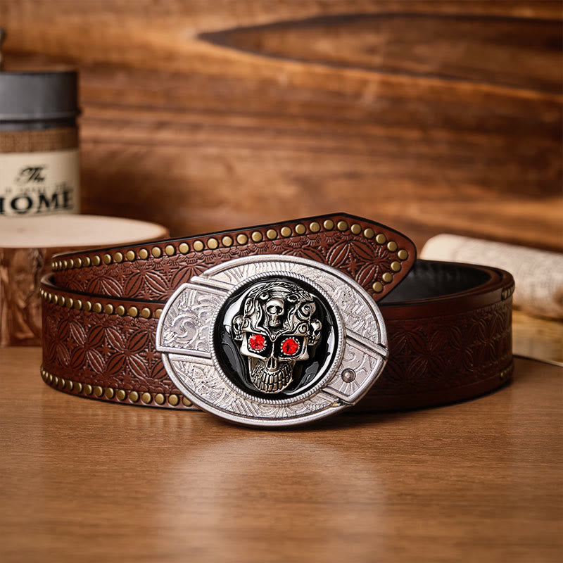 Red-Eyed Demon Skull DIY Hidden Folding Knife Buckle Leather Belt - Red-Eyed Skull - Brown Rivet Belt - 42 - image 4