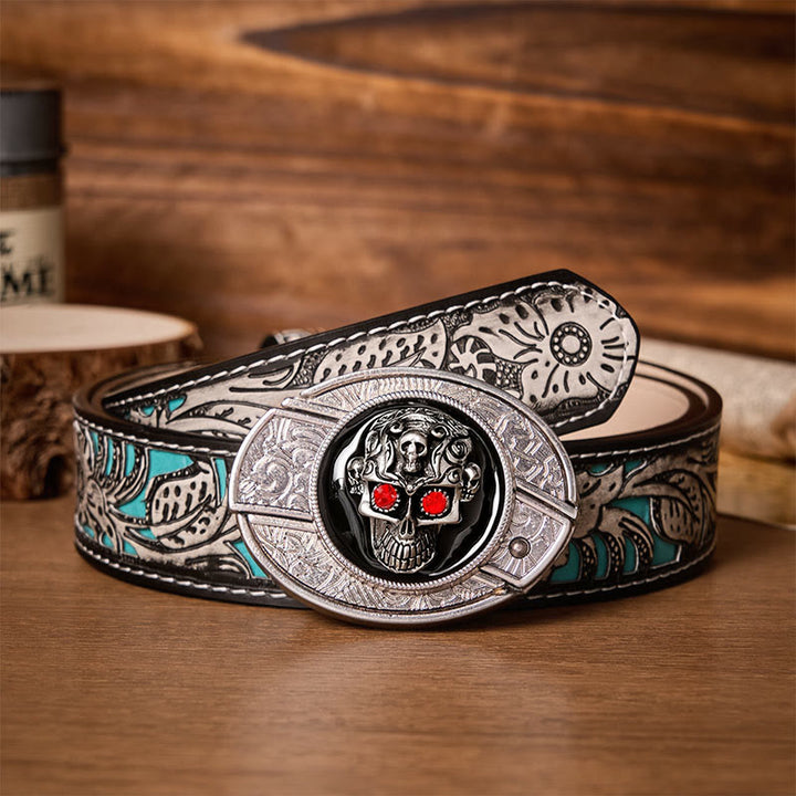 Red-Eyed Demon Skull DIY Hidden Folding Knife Buckle Leather Belt - Red-Eyed Skull - Gray Floral Belt - 42 - image 8