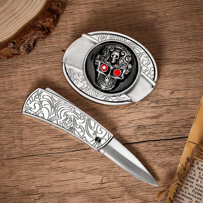 Red-Eyed Demon Skull DIY Hidden Folding Knife Buckle Leather Belt - image 1