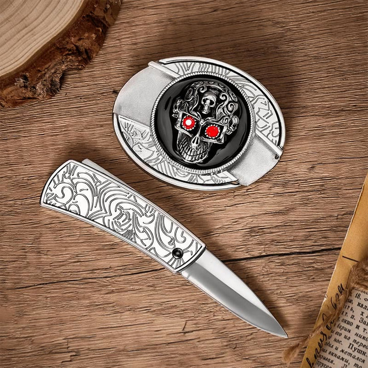 Red-Eyed Demon Skull DIY Hidden Folding Knife Buckle Leather Belt - image 1