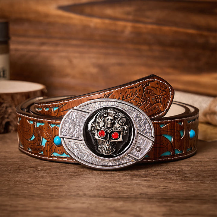 Red-Eyed Demon Skull DIY Hidden Folding Knife Buckle Leather Belt - Red-Eyed Skull - Turquoise Carved Belt - 42 - image 3