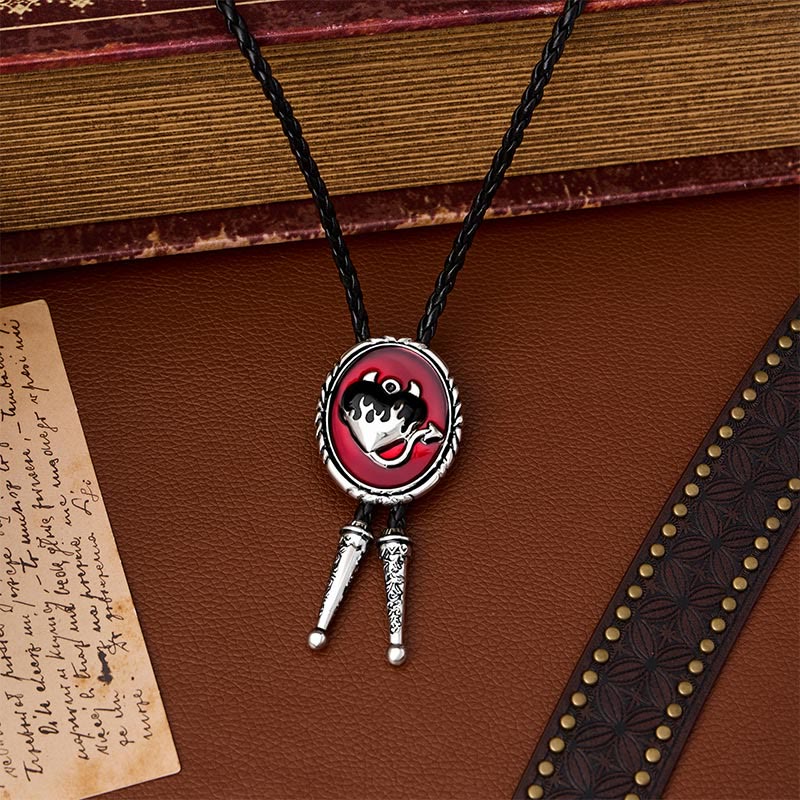 Devil's Flaming Heart Western Pendant Bolo Tie - image 0