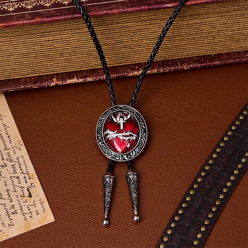 Crown Of Thorns Bleeding Heart Oval Enameled Bolo Tie - Red & Black - image 0