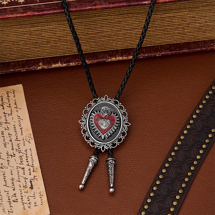 Vintage Floral Oval Sacred Heart Eye Rose Bolo Tie - image 0