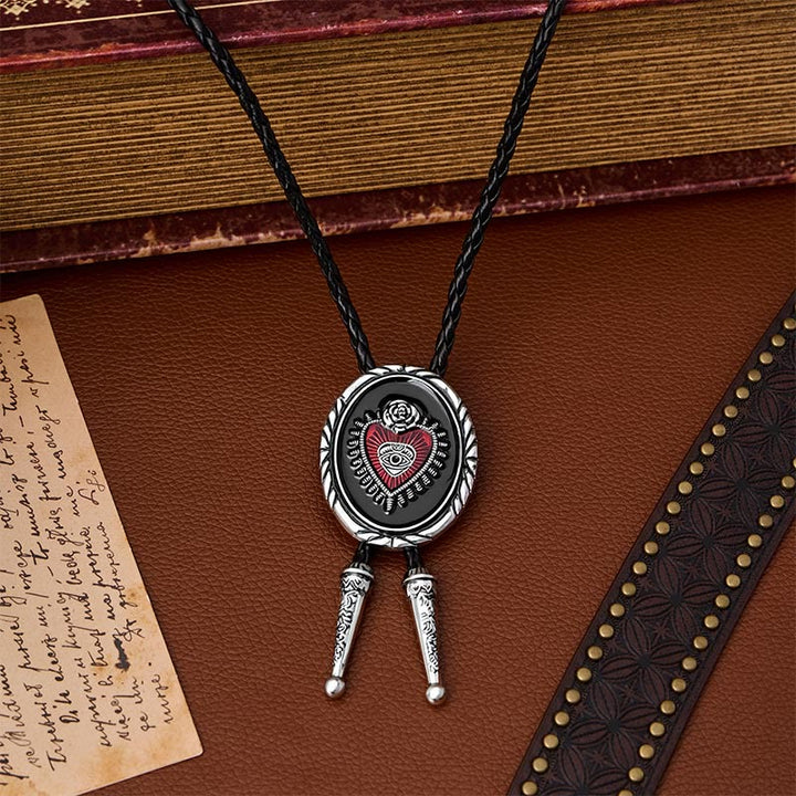 Twisted Border Oval Sacred Heart All Seeing Eye Rose Bolo Tie - image 0
