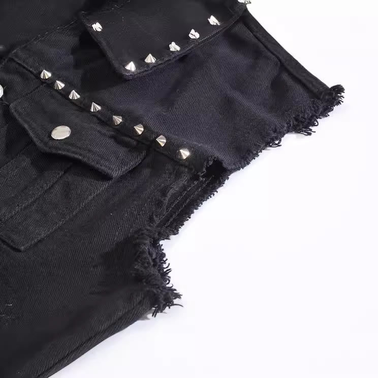Spiked Collar Punk Rock Studded Black Denim Vest - image 8