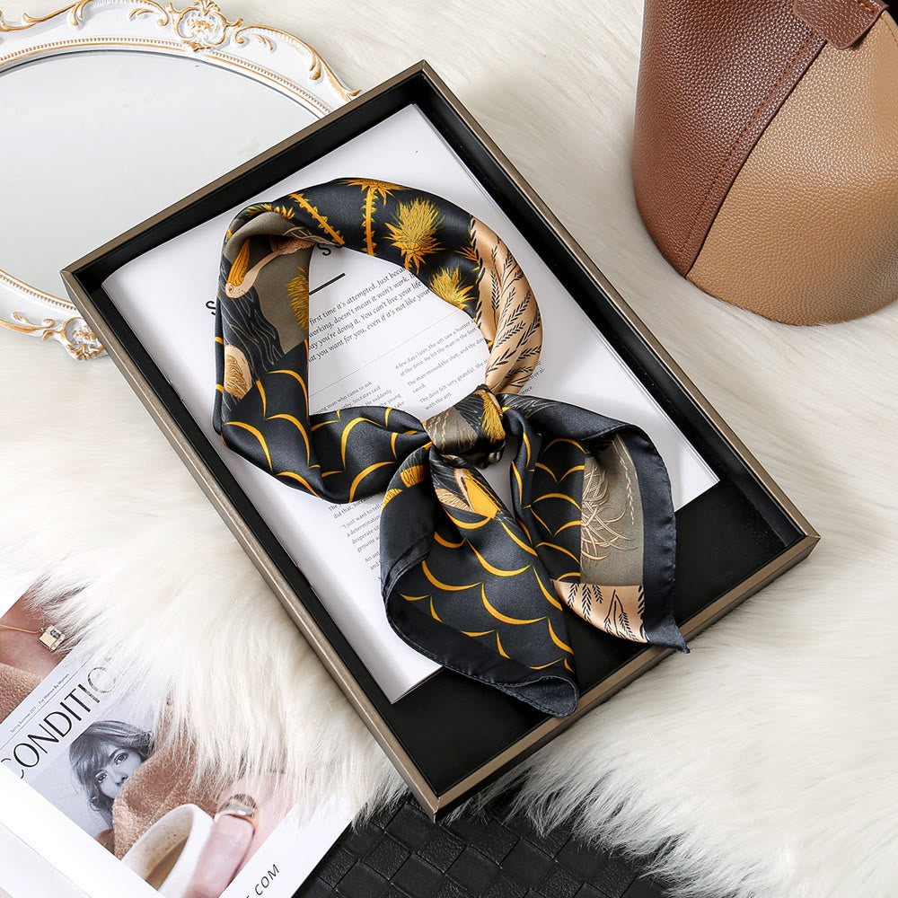 Women's Elegant Botanical Print Neck Square Scarf - Black & Yellow - image 12