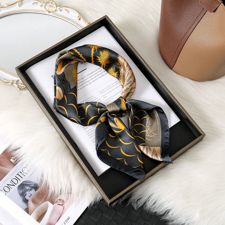 Women's Elegant Botanical Print Neck Square Scarf - Black & Yellow - image 12