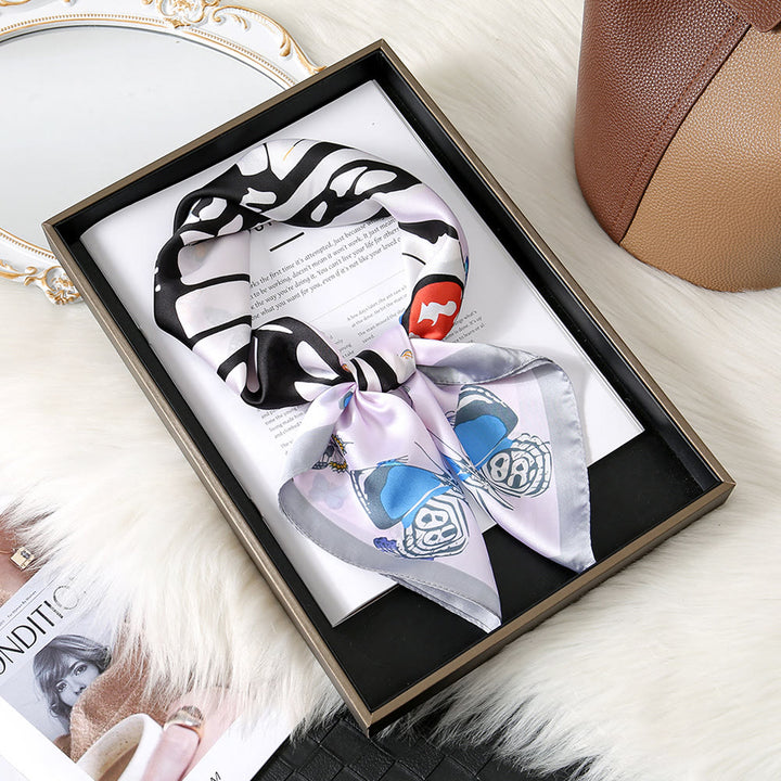 Women's Elegant Botanical Print Neck Square Scarf - White & Gray - image 8