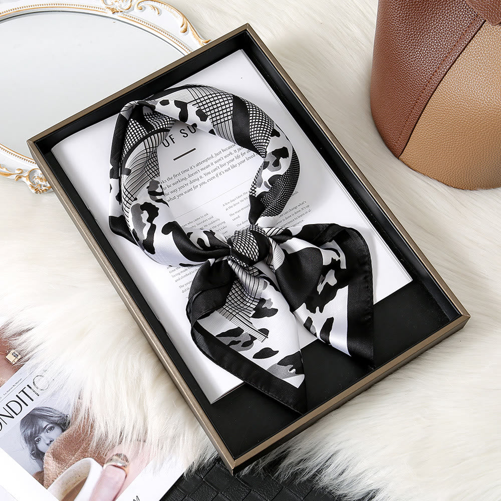 Women's Elegant Botanical Print Neck Square Scarf - Black & White - image 9