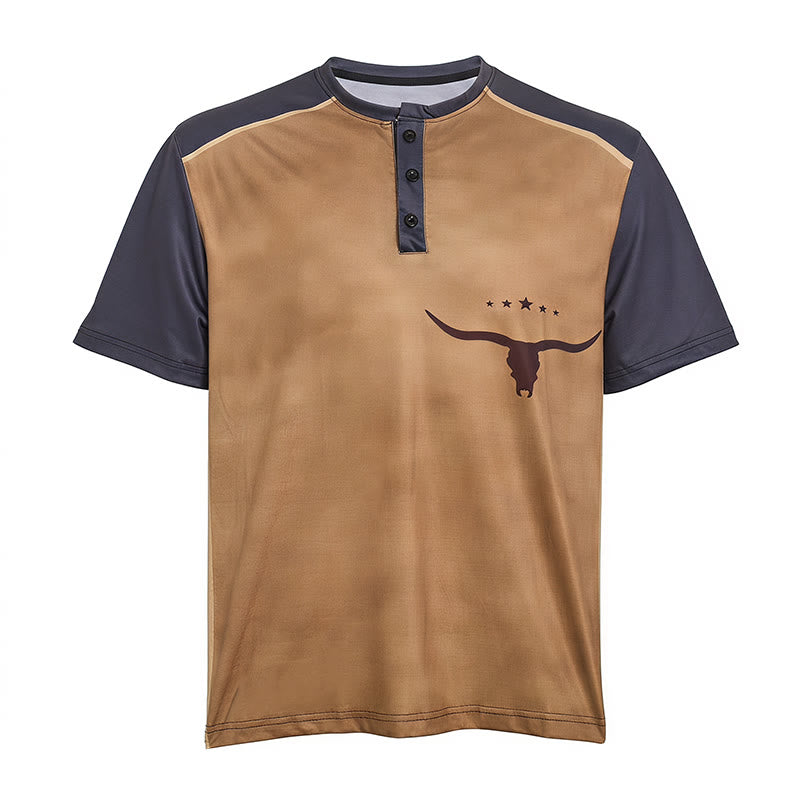 Men's Vintage Two-tone Western Bull Print Henley Shirt - image 9