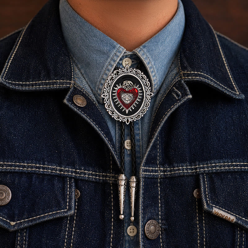 Vintage Floral Oval Sacred Heart Eye Rose Bolo Tie - Red&Black - image 1