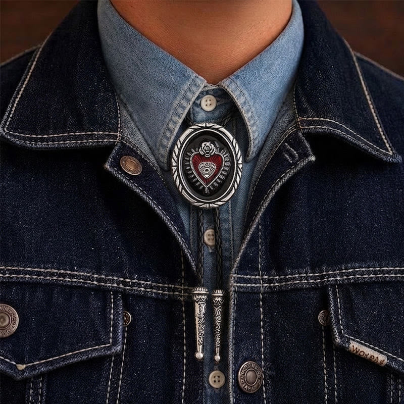 Twisted Border Oval Sacred Heart All Seeing Eye Rose Bolo Tie - Red&Black - image 1