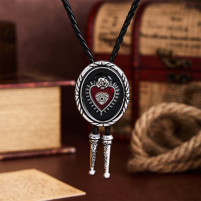 Twisted Border Oval Sacred Heart All Seeing Eye Rose Bolo Tie - image 3
