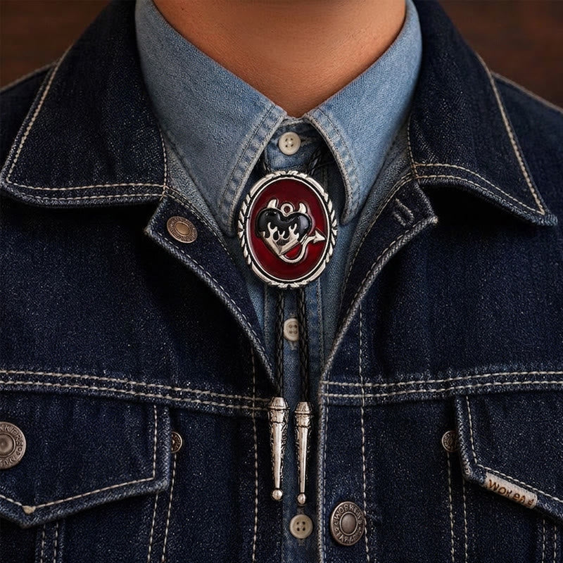 Devil's Flaming Heart Western Pendant Bolo Tie - Black - image 1