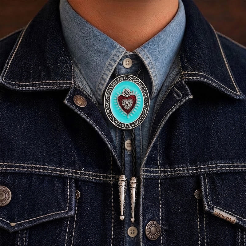 Occult Rose & Eye Turquoise Enameled Bolo Tie - Turquoise - image 1