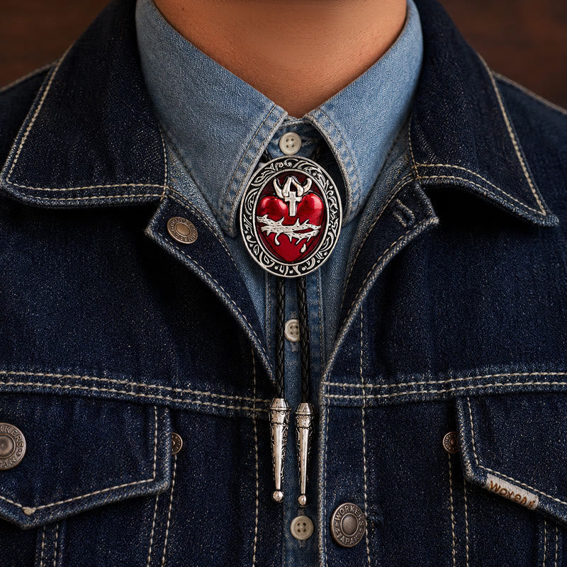 Crown Of Thorns Bleeding Heart Oval Enameled Bolo Tie - Red & Black - image 1