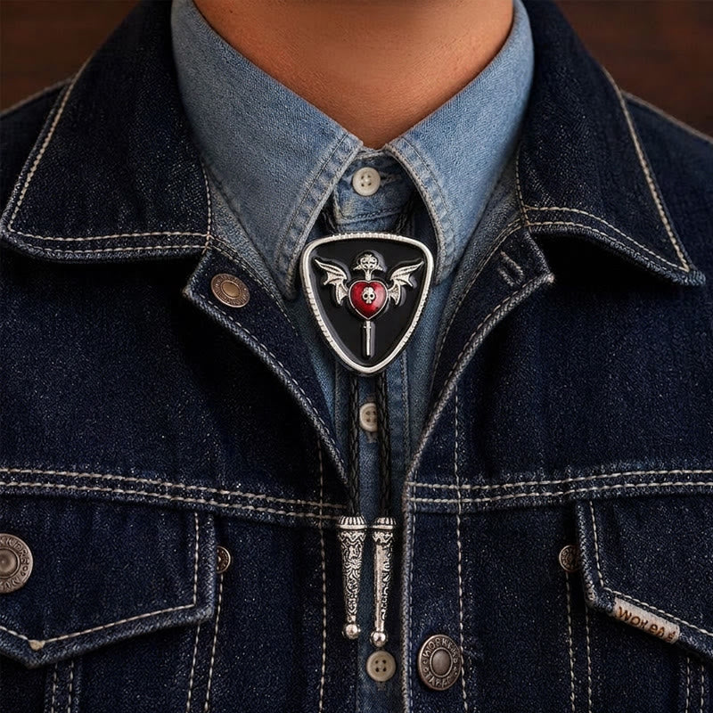 Winged Skull & Dagger Immortal Heart Bolo Tie - Black & Red - image 1