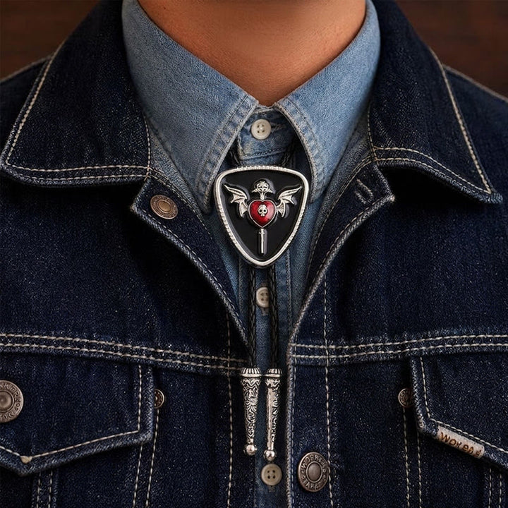 Winged Skull & Dagger Immortal Heart Bolo Tie - Black & Red - image 1